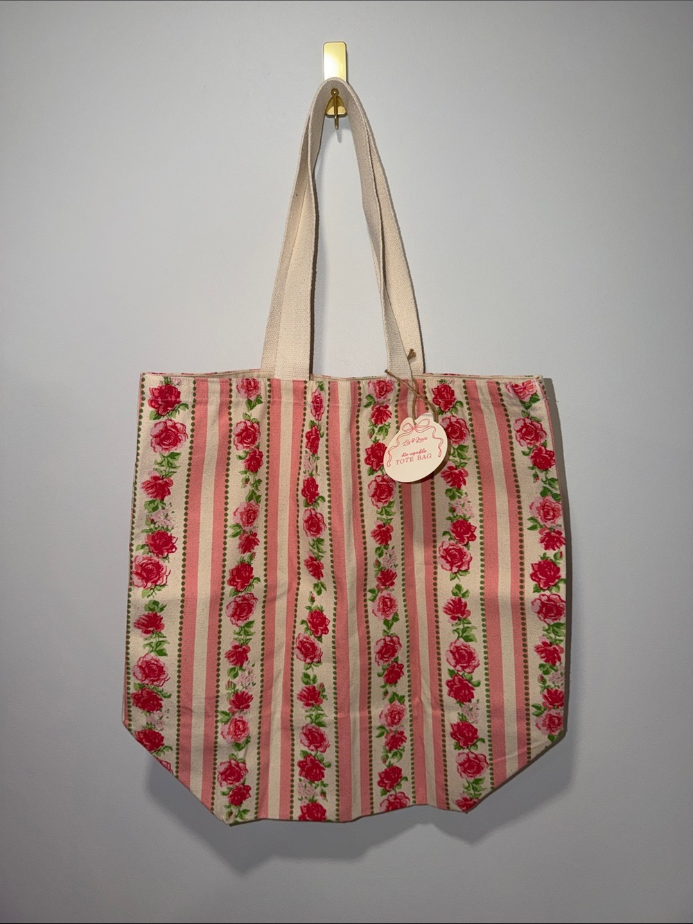 Pink Green Ivory Stripe Rose Floral Large Canvas Tote Bag